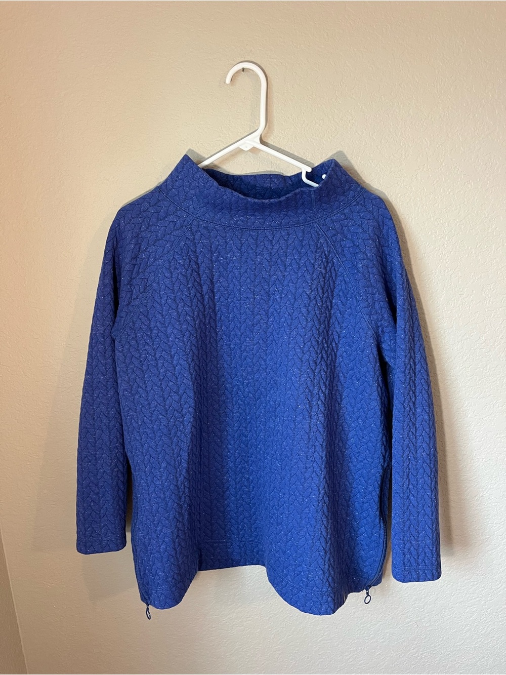T by Talbots Blue Quilted Metallic Mock Neck Pullover Tunic 1X Zip Sides Fall